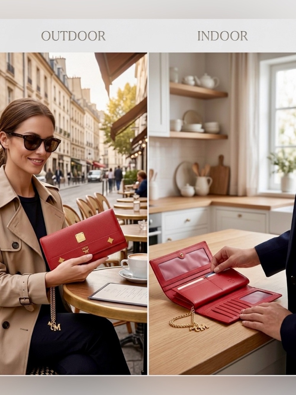 MCM Red Pebbled Leather Long Continental Wallet Gold Hardware Logo Charm W/COA
